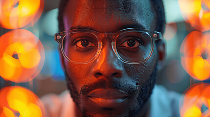 Close-up Portrait of a Young Man with Glasses and Colorful Bokeh