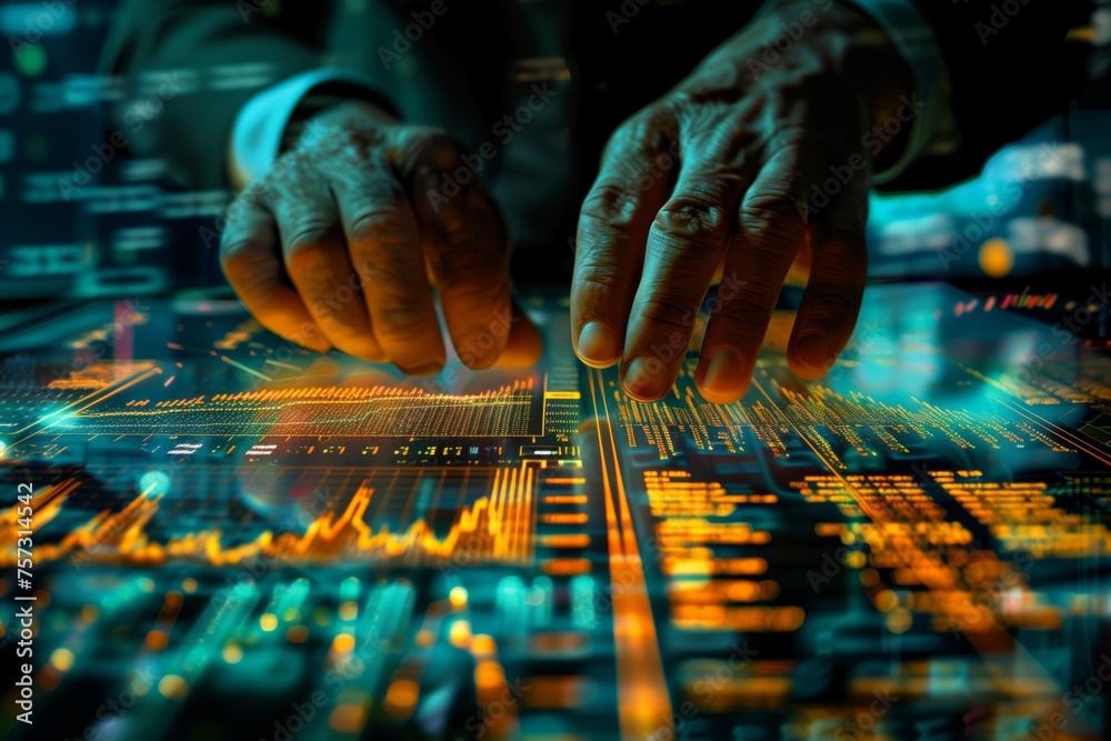 Poster analyzing futuristic financial data interface. close-up of hands interacting with a digital interfac