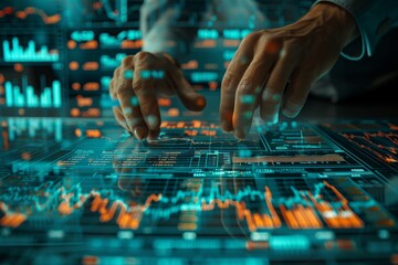 Analyzing Futuristic Financial Data Interface. Close-up of hands interacting with a digital interface displaying advanced financial analytics and data visualizations.