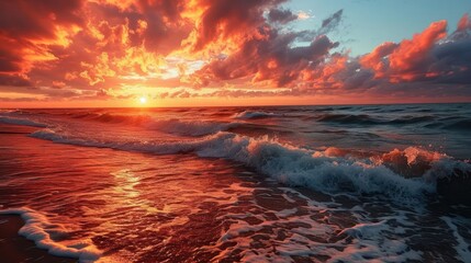 the dramatic beauty of a fiery sunset over the open ocean, where the sun paints the sky with intense reds and oranges, reflecting in the waves below