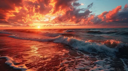 Papier Peint photo Lavable Réflexion the dramatic beauty of a fiery sunset over the open ocean, where the sun paints the sky with intense reds and oranges, reflecting in the waves below