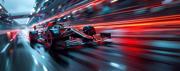 Gartenposter F1 Fast racing car driving on high speed along the street with blurred lights in neon. Evening race. Concept of motor sport, racing, competition