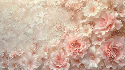 Wallpaper with pale pink flowers and free space for text.