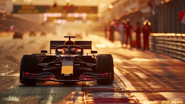 Red Formula One racing car in motion on track. Sunset drive. Promotional material for racing video event, focusing on realism and graphics.