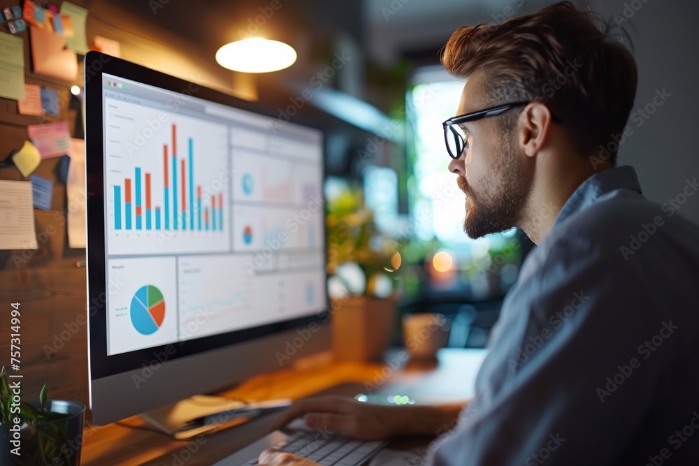 Poster professional analyzing statistical data on monitor. focused male professional examining colorful sta
