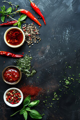 Top view of condiments with copy space for text. Food background.