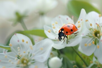 Ladybug on white spring flower close-up. Macro. Congratulation.