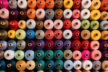 Fototapeta premium Colorful spools of thread in shades of purple, magenta, yellow, beige and electric blue. Threads used for sewing, tailoring, stitching, needlework and embroidery