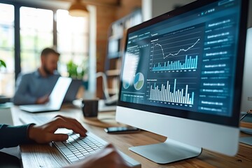 Analyzing Business Data on Computer Screen. Professional work environment with a focus on a computer screen displaying various business analytics graphs and charts.
