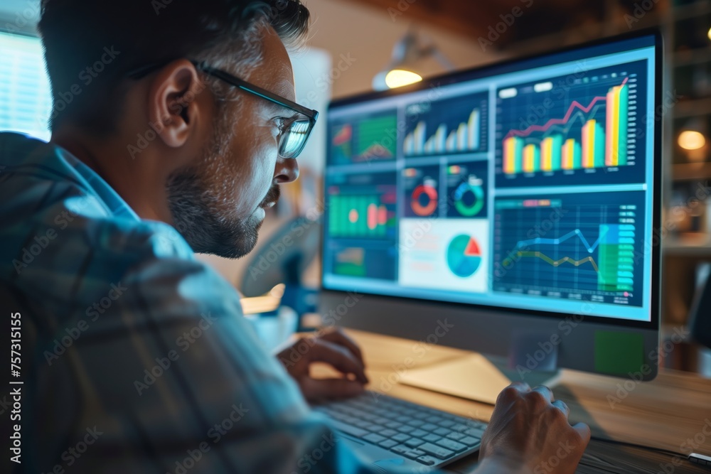 Poster professional analyzing statistical data on monitor. focused male professional examining colorful sta