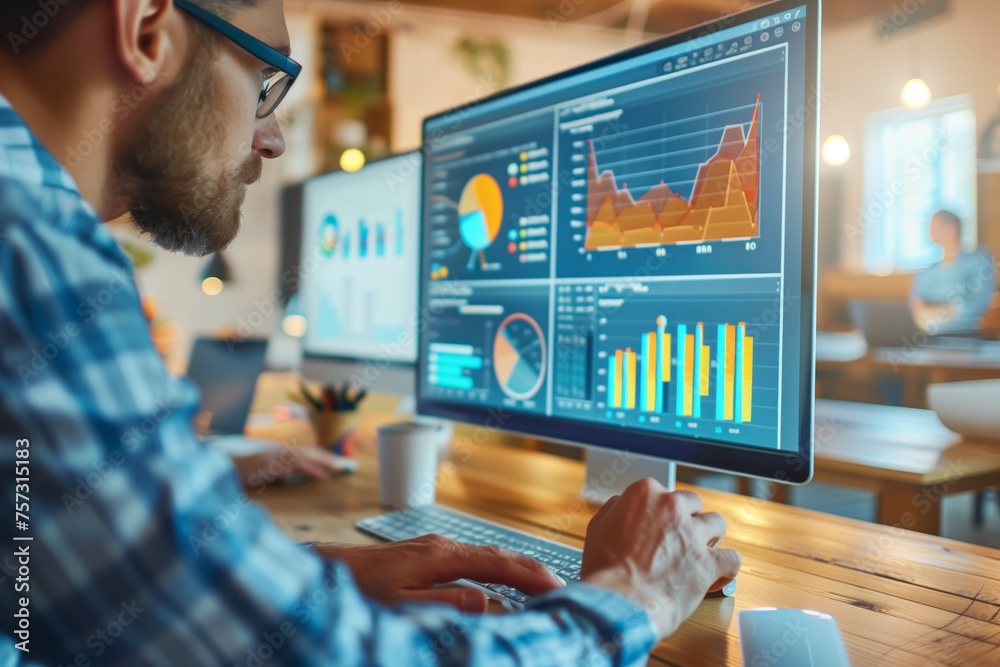Poster professional analyzing statistical data on monitor. focused male professional examining colorful sta