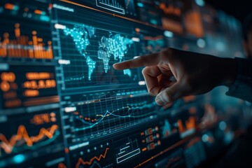 Finger Pointing at City Reflective Financial Graphs. In the hustle of an urban environment, a hand interacts with futuristic holographic financial charts overlaid on a cityscape.