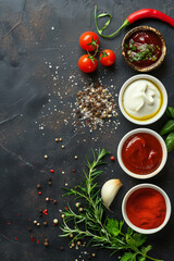 Top view of condiments with copy space for text. Food background.