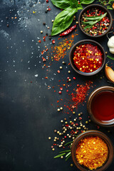 Top view of condiments with copy space for text. Food background.