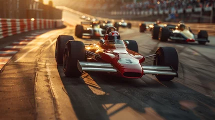 Stof per meter Vintage red race car in sharp focus with sunlit track and competitors in background. Famous racing event © master1305