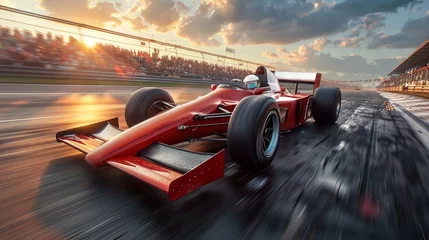  Vintage red race car in sharp focus with sunlit track and competitors in background. Famous racing event © master1305