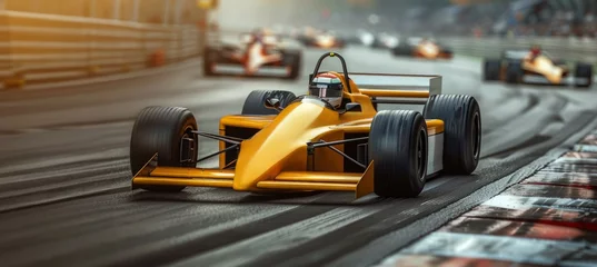Keuken spatwand met foto Formula One racing event. Bright yellow racing car in motion with high speed riding along the street road with blurred competing cars on background © master1305