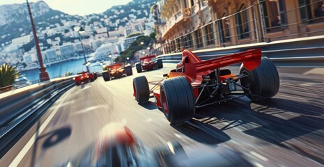 Formula One racing event. Bright red racing car in high speed riding along urban street. Spectators...