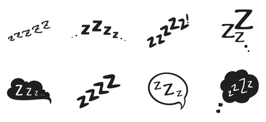 Zzz, Zzzz doodle bed sleep and snore icons of snooze nap vector Z sound icons. Sleeping cloud bubbles and pillows of sleeper or alarm clock Zzz doodle symbols for goodnight sleep and snooze expression