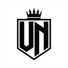 VN Logo monogram bold shield geometric shape with crown outline black and white style design