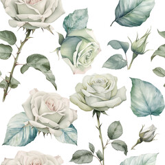 Watercolor greenery branch leaves and white roses seamless pattern Botanical leaf illustration - obrazy, fototapety, plakaty