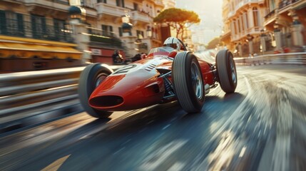 Vintage style racing car in motion riding along urban street. Blurred image depicting high speed