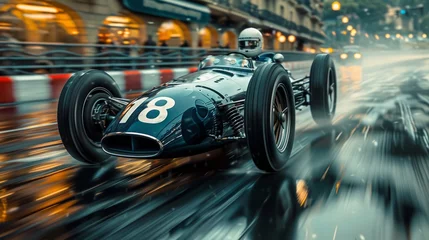 Poster Vintage style racing car in motion riding along urban street. Blurred image depicting high speed. Concentrated racer © master1305