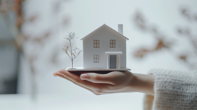 Hand holding a house. Real estate home ownership concept image. Conceptual property insurance and investment.