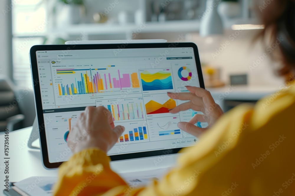 Poster analyzing data on tablet with colorful graphs. person interacts with a tablet displaying vibrant gra