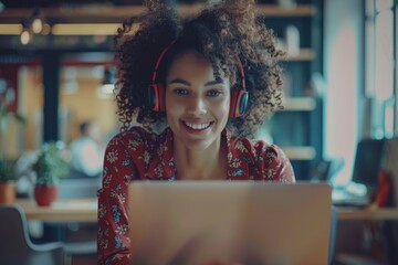 beautiful woman inside the office works with a laptop,a businesswoman in headphones listens music, podcasts, audio books and training course. Worker smiling, with curly hair and red shirt,GenerativeAI - obrazy, fototapety, plakaty