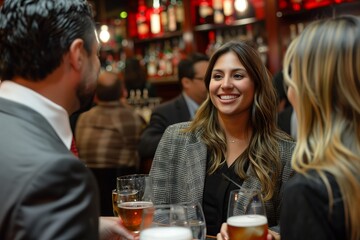 Friendly Networking Event at a Cosy Bar. Smiling young woman engaging in a conversation at a vibrant networking event in a cozy bar with beer glasses. - obrazy, fototapety, plakaty
