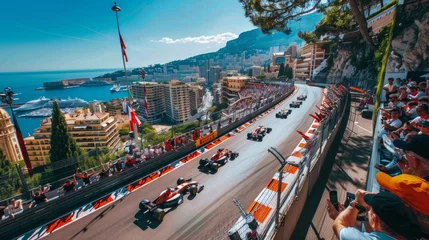  Formula One racing event. Several Formula One cars racing down track. Luxurious event, popular motorsport competition © master1305