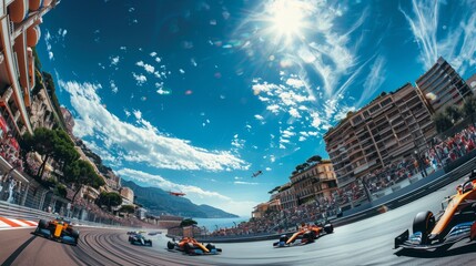 Capturing excitement of Formula One racing event. Formula 1 cars in different colors standing in race track through the urban environment