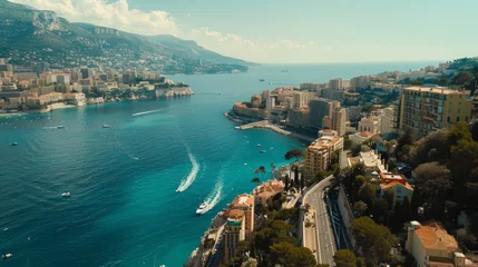 Tafelkleed Aerial view of Monaco coastline with buildings, boats, and clear blue waters. Luxury travel © master1305
