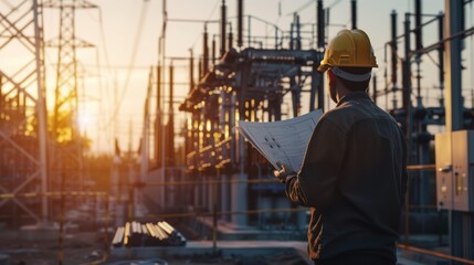 Fototapeta premium Male industrial, Electrical engineer with helmet and blueprints in hands checking, maintenance, and analysis data of power plant station project on substation and network background