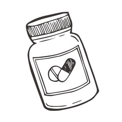 Vector sketch pills, tablet, capsule and package bottle isolated on white background. Hand drawn medical illustration.