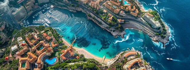 Aerial view of Monaco coastline with beautiful coastal scene featuring a beach and a harbor. Luxurious resort