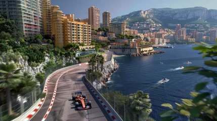 Foto op Canvas Aerial view of racing car riding on Monaco coastline with buildings, boats, and clear blue waters. © master1305