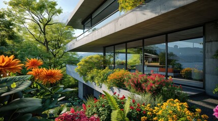 the elegance of a modern concrete residence with floor-to-ceiling windows, seamlessly blending with a lush garden filled with colorful flowers in a harmonious composition