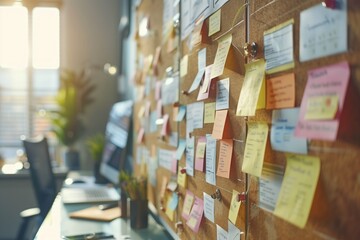 Office Cork Board with Organizational Notes. Focused on a cork board in a sunny office, full of colorful sticky notes and reminders, showcasing organization and planning.