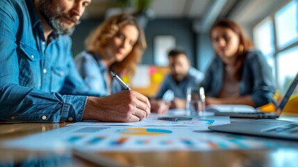 Team Analyzing Financial Data and Reports. Diverse team engaged in analyzing financial data and reports at a table filled with charts and digital devices in a collaborative workspace.