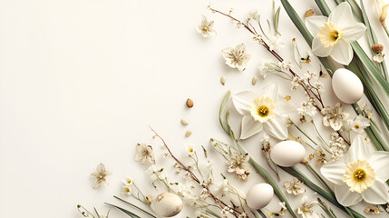 Flat Lay Easter Composition with White Daffodils, Spring Floral Arrangement on Pastel Background, Easter Holiday Concept, Festive Flower Decoration, Seasonal Greeting Card Design, Generative AI

