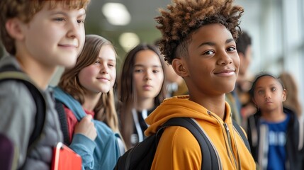 Mixed race pupils standing with technology