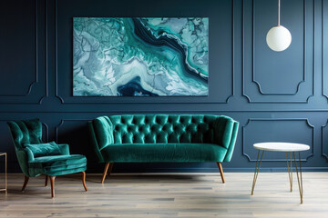 Green sofa and armchair on grey classic wall with marble poster. Art deco interior design of a modern living room.