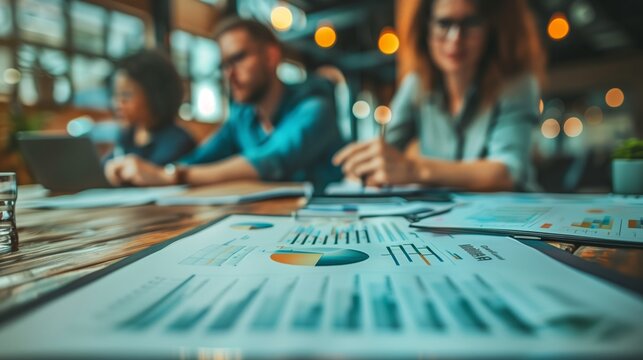 Team Analyzing Financial Data and Reports. Diverse team engaged in analyzing financial data and reports at a table filled with charts and digital devices in a collaborative workspace.