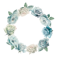 watercolor blue roses and ranunculus wreath. Wedding concept a white background