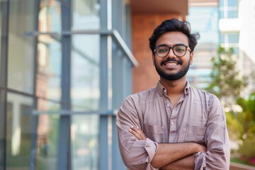 Portrait of young Hindu programmer, man outside office building with crossed arms smiling and looking at camera, businessman in shirt, Generative AI