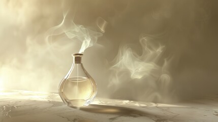 A bottle of perfume, in the style of softly neoclassical themes, dark white and light brown, soft mist. Generated by artificial intelligence. - obrazy, fototapety, plakaty