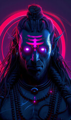 Sci-Fi Shiva with Purple Glowing Eyes, Red-Purple Circle Background
