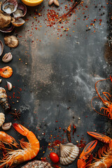Top view image of seafood with copy space for text. Food background. Generative AI.